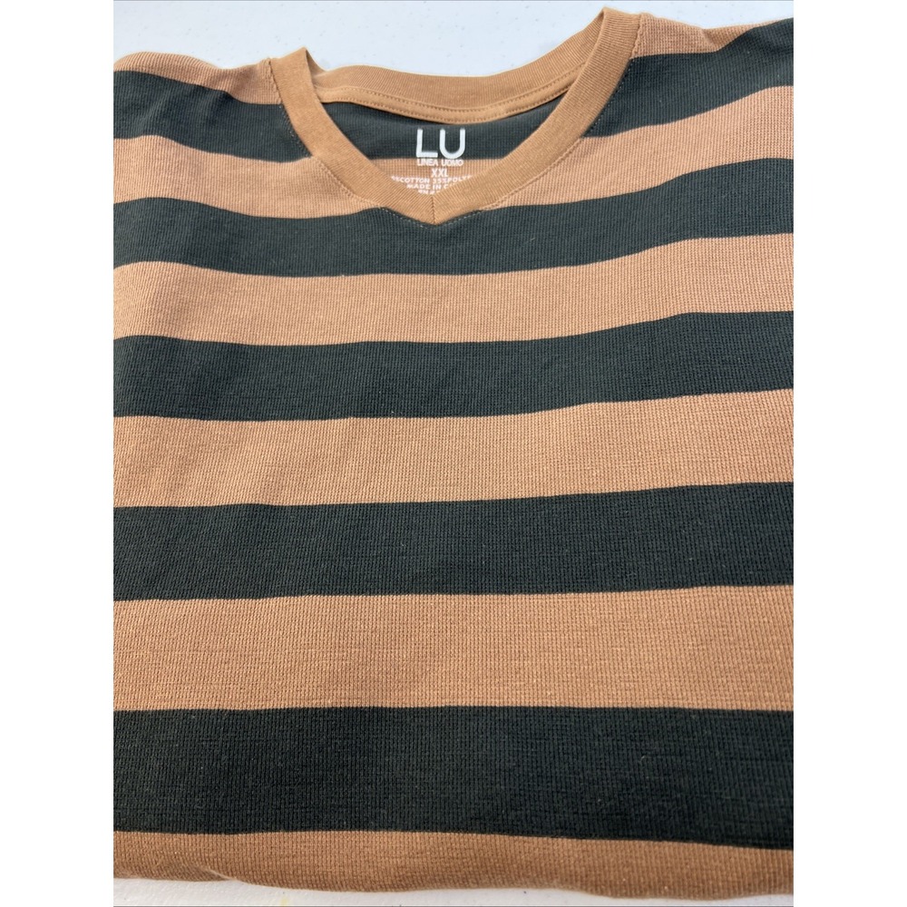 Linea Uomo Brown‎ & Green Strip  Waffle Knit Thermal Cabincore V-Neck Size 2XL